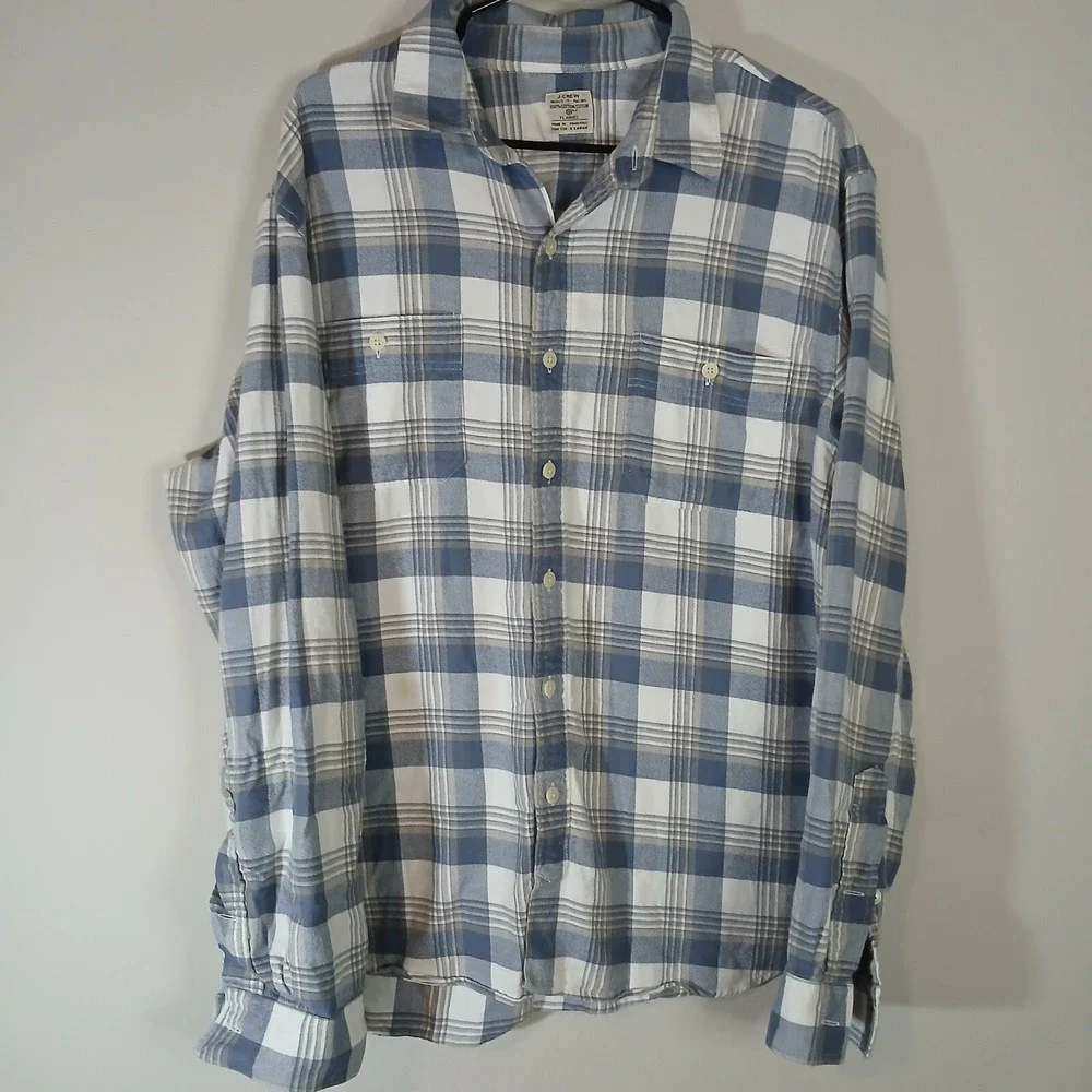 J Crew Button Up Plaid Long Sleeve Flannel Slim Men's Size XL Blue Cotton‎ AA017